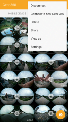 Print Screen van de Gear360 manager app. Vanuit de App kan je beelden direct delen op Facebook en YouTube.